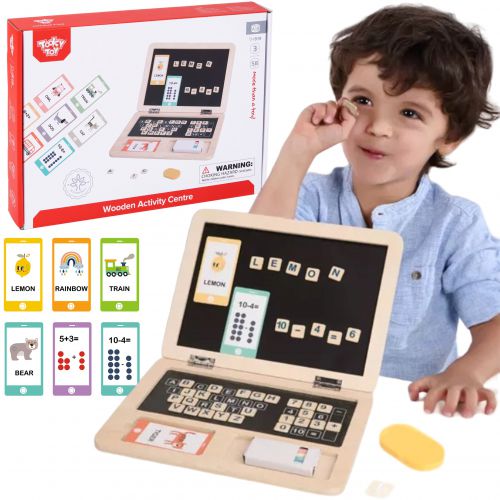 TOOKY TOY Drewniany Laptop Układanka Montessori Puzzle Nauka Literek Pisania Tablica Suchościeralna